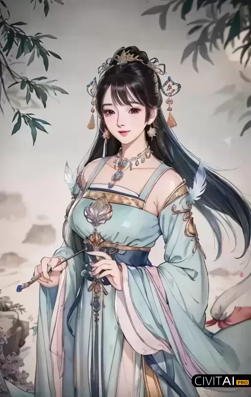 穿着蓝色透明丝绸汉服的女孩插图