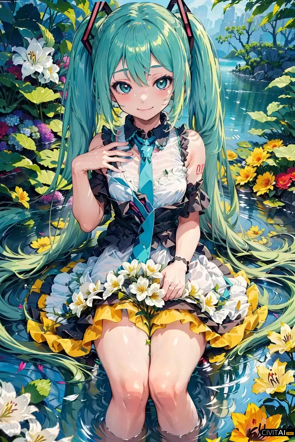 初音未来红花田中微笑描绘画面插图