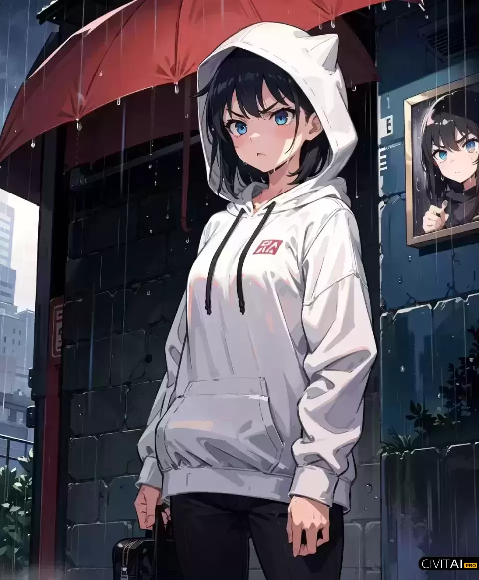 愤怒的女孩湿漉漉站在雨中的黄昏插图